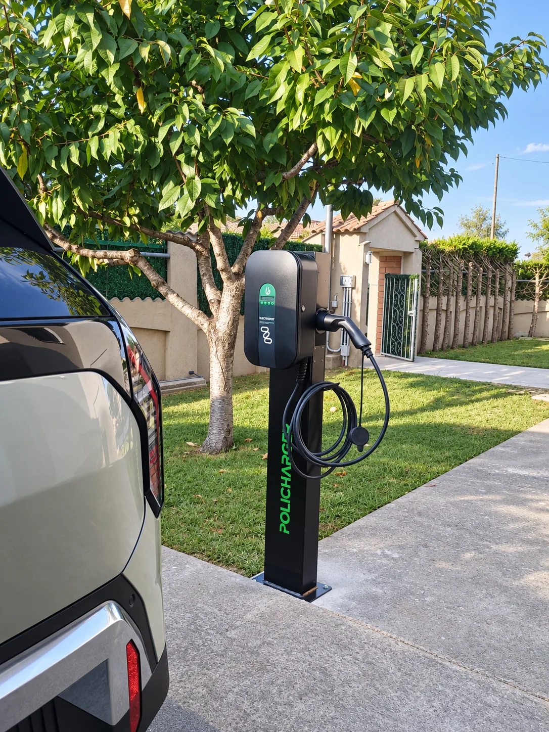 Punt de recàrrega sobre pedestal al costat d’un vehicle en un habitatge